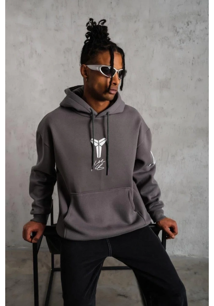 Erkek Baskılı Kapüşonlu Sweat - Gri