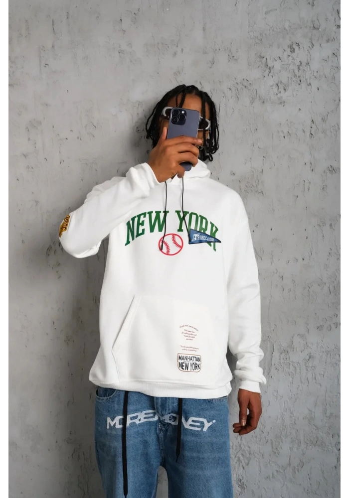 Erkek Baskılı Kapüşonlu Sweatshirt - Beyaz