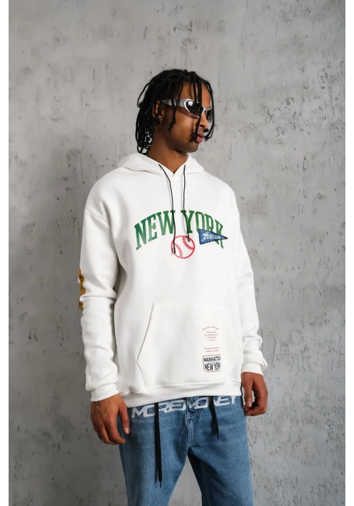Erkek Baskılı Kapüşonlu Sweatshirt - Beyaz