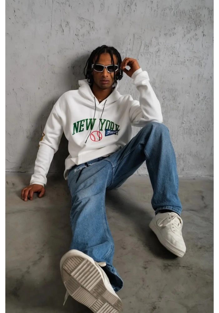 Erkek Baskılı Kapüşonlu Sweatshirt - Beyaz
