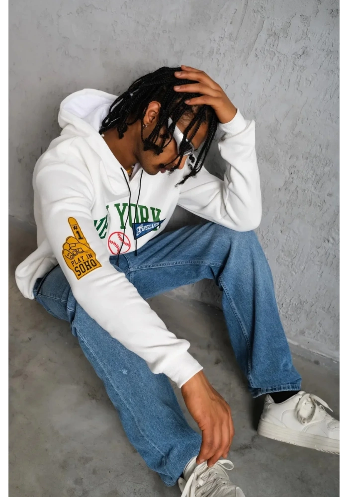 Erkek Baskılı Kapüşonlu Sweatshirt - Beyaz