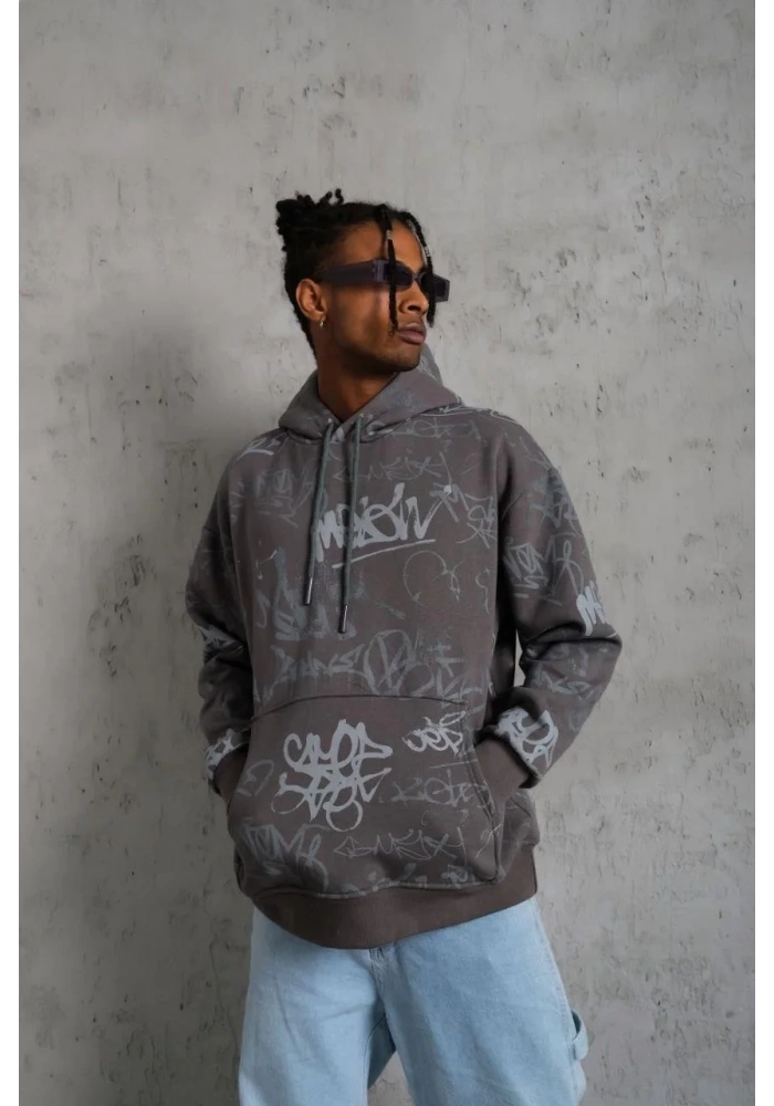 Erkek 3 İplik Pamuklu Kapüşonlu Kanguru Cepli Sweatshirt Hoodie -  Gri