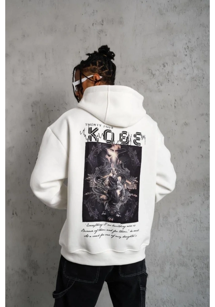 Erkek 3 İplik Pamuklu Kapüşonlu Baskılı Cepli Oversize Sweatshirt Hoodie - Beyaz