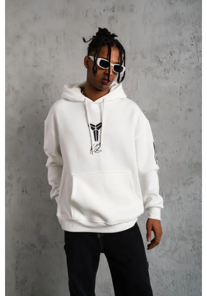 Erkek 3 İplik Pamuklu Kapüşonlu Baskılı Cepli Oversize Sweatshirt Hoodie - Beyaz
