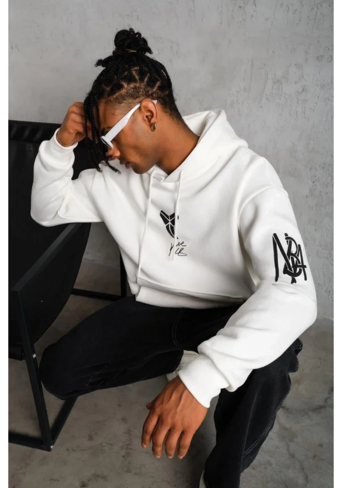 Erkek 3 İplik Pamuklu Kapüşonlu Baskılı Cepli Oversize Sweatshirt Hoodie - Beyaz