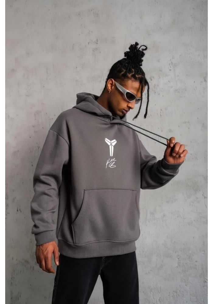 Erkek Baskılı Kapüşonlu 3 iplik pamuklu Hoodie Sweatshirt - Gri