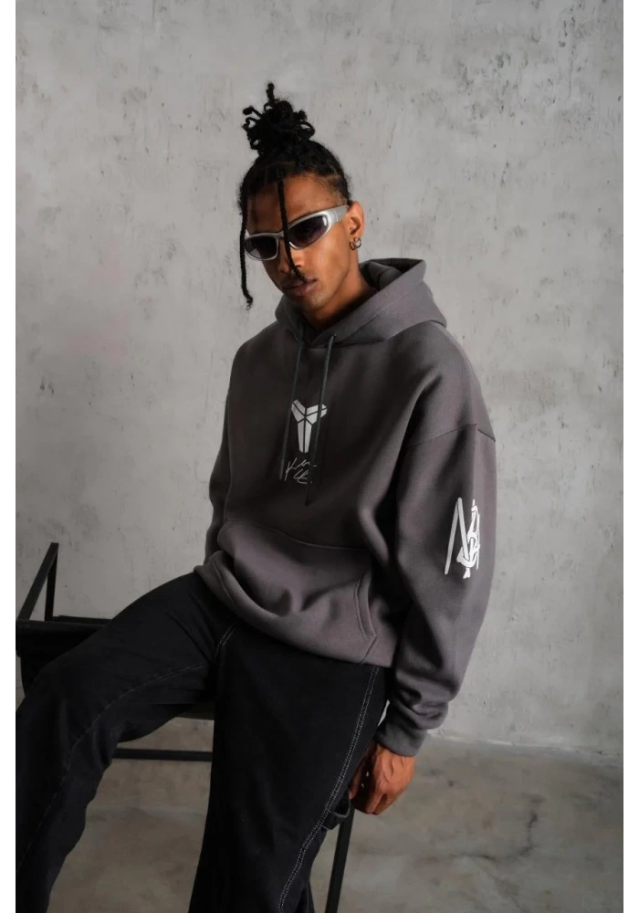 Erkek Baskılı Kapüşonlu 3 iplik pamuklu Hoodie Sweatshirt - Gri