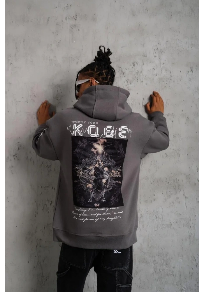 Erkek Baskılı Kapüşonlu 3 iplik pamuklu Hoodie Sweatshirt - Gri