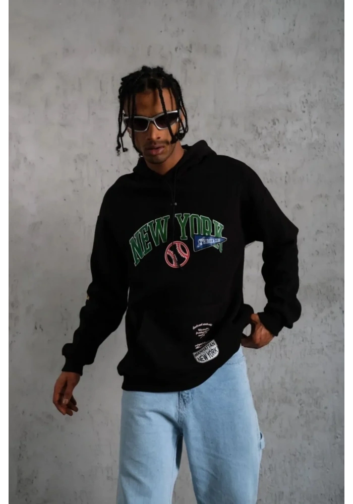 Erkek 3 İplik Pamuklu Kapüşonlu Baskılı Cepli Oversize Sweatshirt Hoodie - Siyah