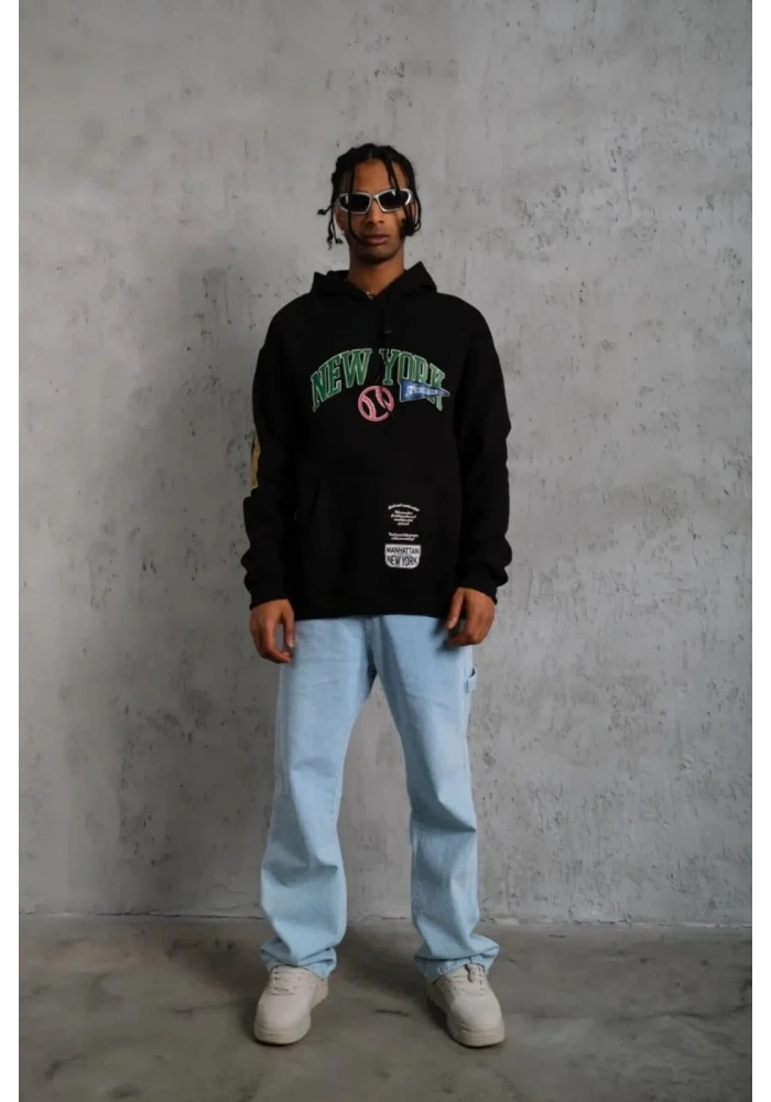 Erkek 3 İplik Pamuklu Kapüşonlu Baskılı Cepli Oversize Sweatshirt Hoodie - Siyah