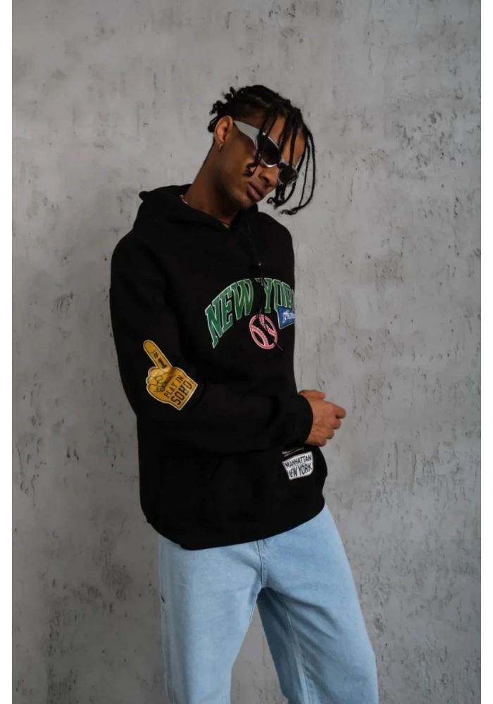 Erkek 3 İplik Pamuklu Kapüşonlu Baskılı Cepli Oversize Sweatshirt Hoodie - Siyah