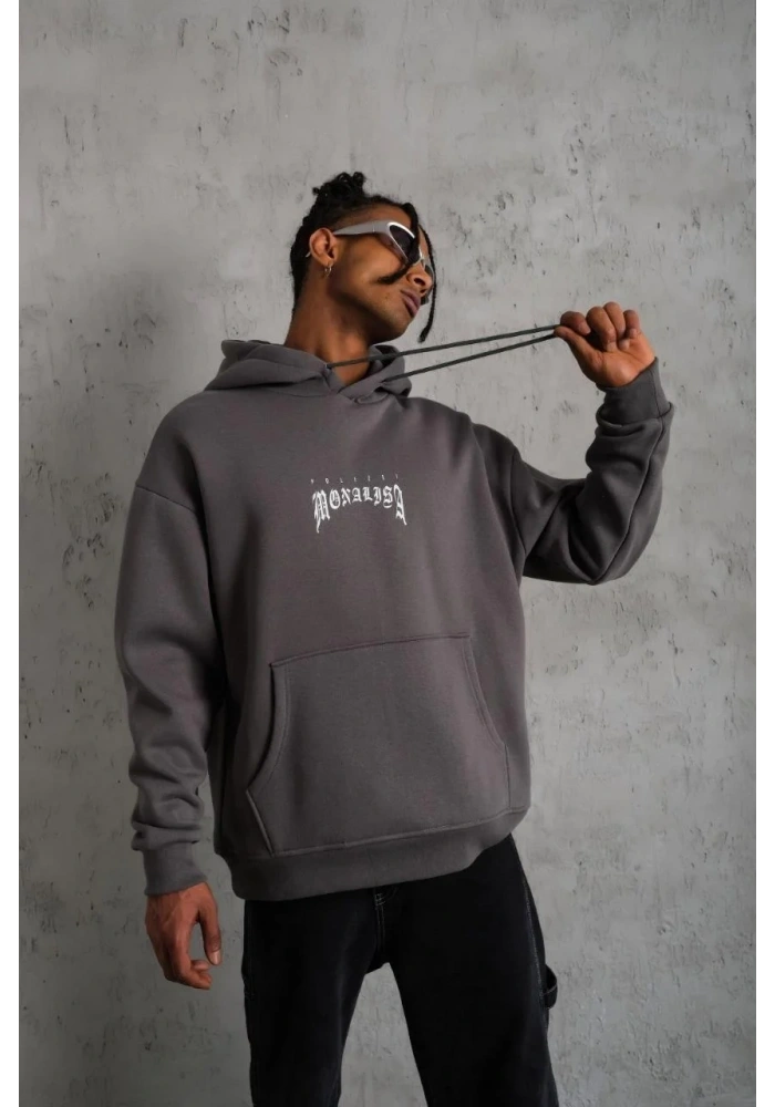 Erkek Baskılı Kapüşonlu ve Kanguru Cepli Sweat- Gri