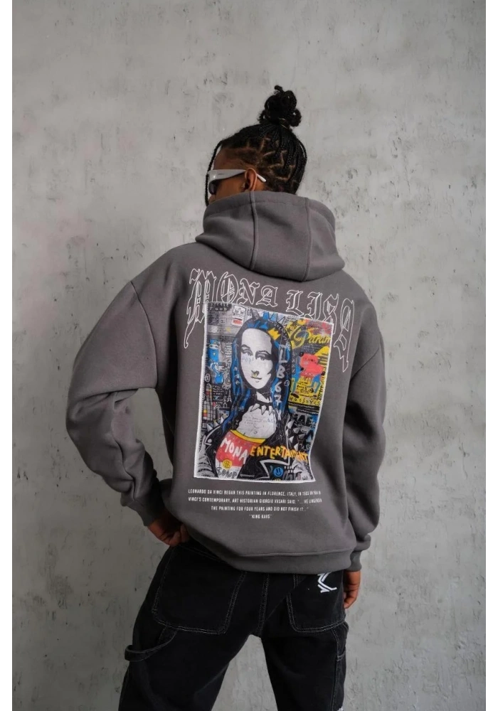 Erkek Baskılı Kapüşonlu ve Kanguru Cepli Sweat- Gri