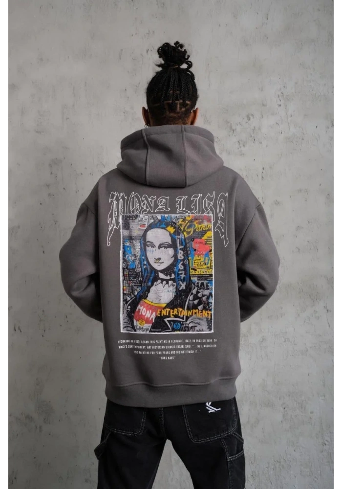 Erkek Baskılı Kapüşonlu ve Kanguru Cepli Sweat- Gri