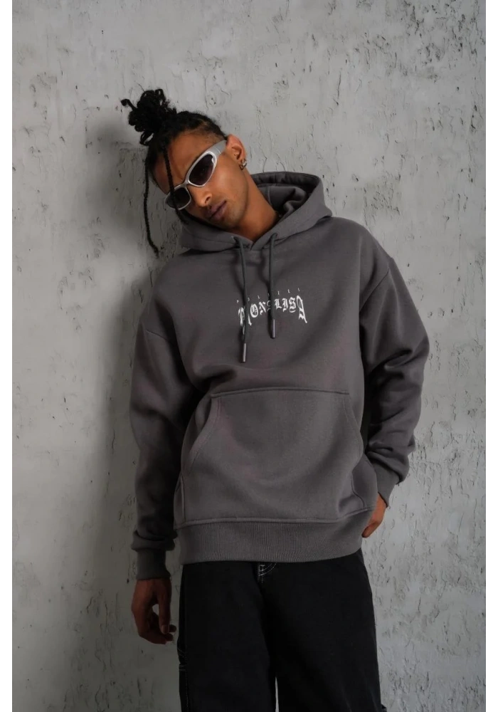 Erkek 3 İplik Pamuklu Kapüşonlu Baskılı Cepli Oversize Sweatshirt Hoodie - Gri
