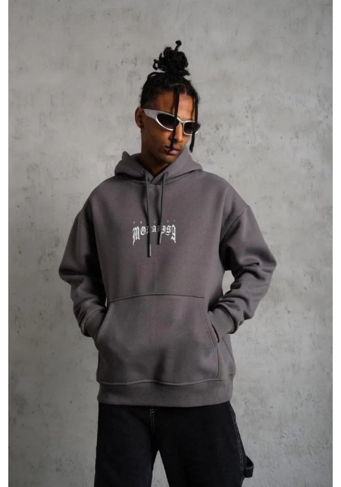 Erkek 3 İplik Pamuklu Kapüşonlu Baskılı Cepli Oversize Sweatshirt Hoodie - Gri