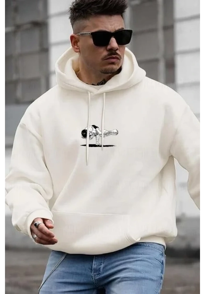 Erkek 3 İplik Pamuklu Kapüşonlu Baskılı Cepli Oversize Sweatshirt Hoodie - Beyaz