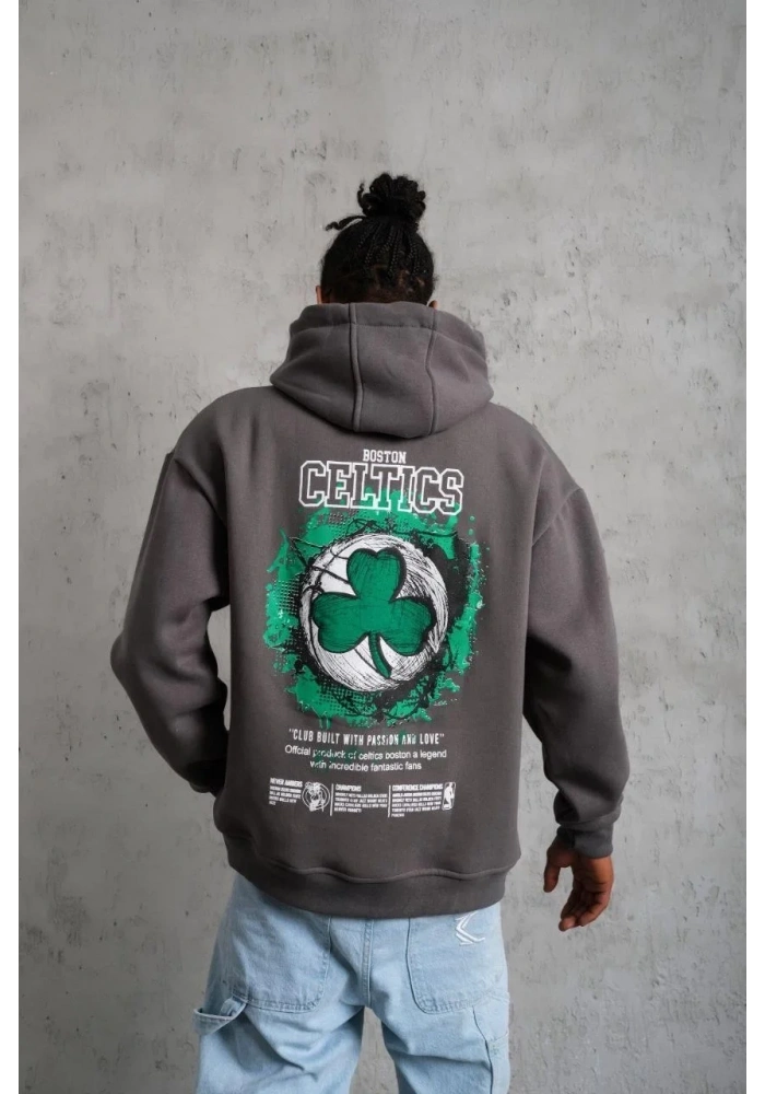 Erkek Baskılı Kapüşonlu ve Kordon İpli Sweat - Gri