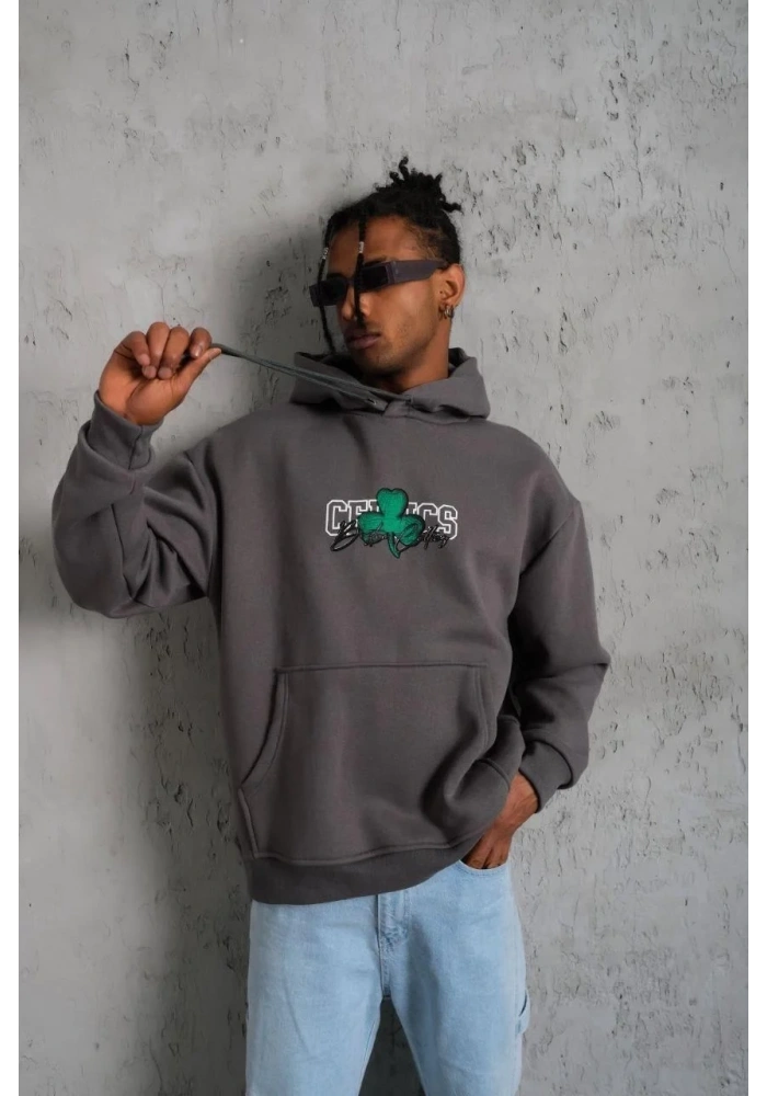 Erkek Baskılı Kapüşonlu ve Kordon İpli Sweat - Gri