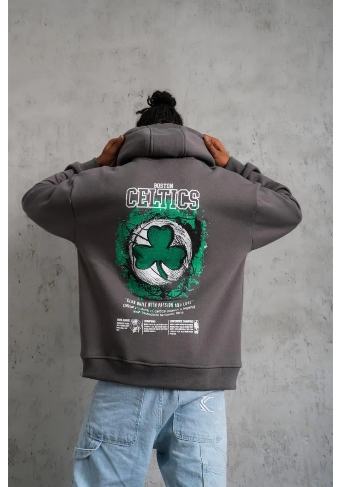 Erkek Baskılı Kapüşonlu ve Kordon İpli Sweat - Gri