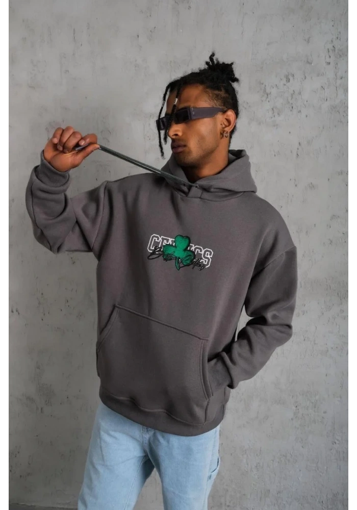 Erkek Baskılı Kapüşonlu ve Kordon İpli Sweat - Gri