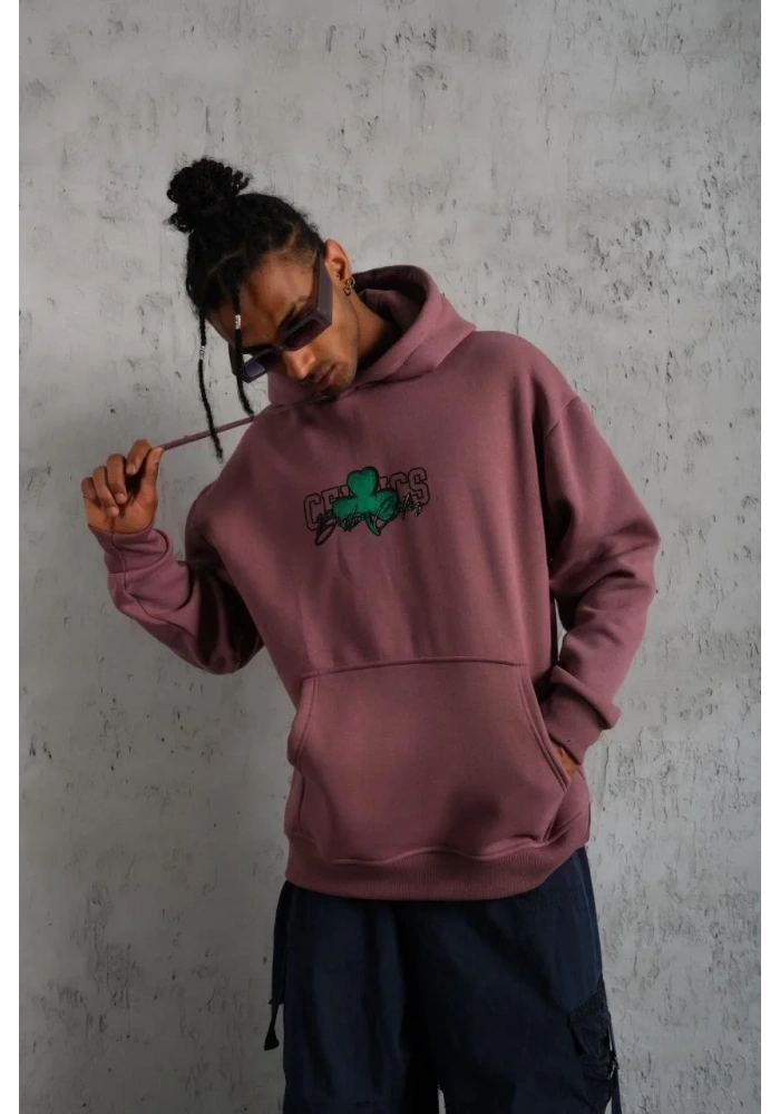 Erkek Baskılı Kapüşonlu ve Kordon İpli Sweat - Gül Kurusu