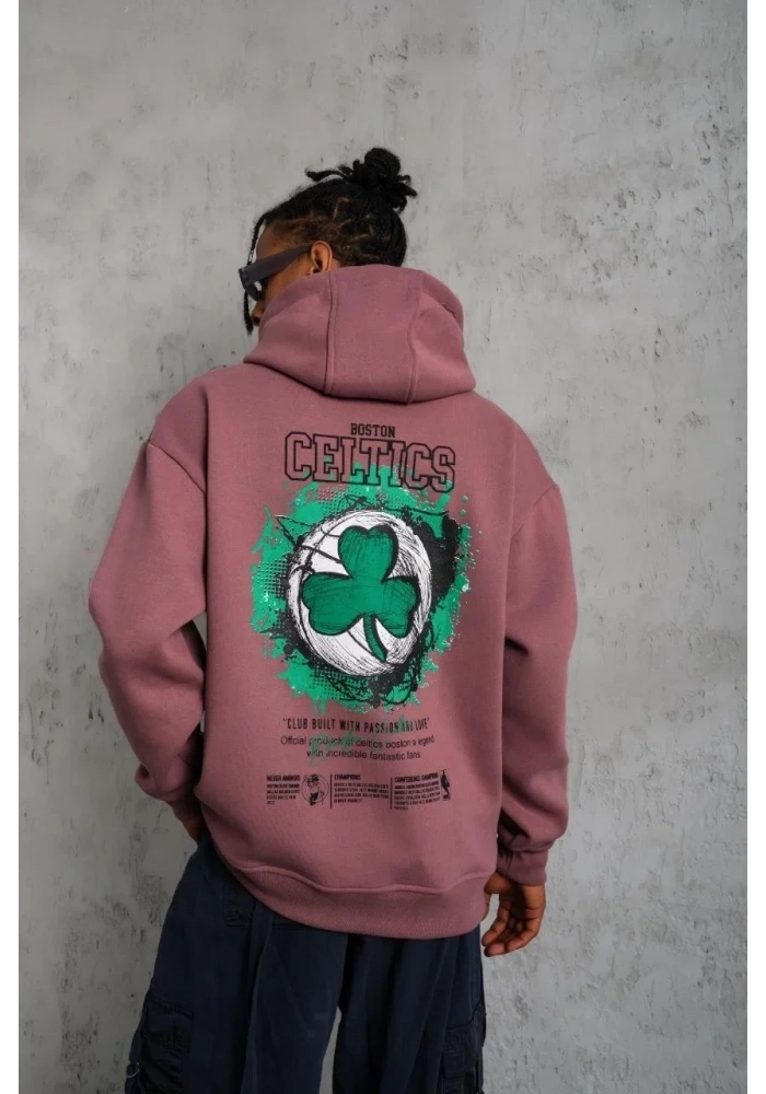 Erkek Baskılı Kapüşonlu ve Kordon İpli Sweat - Gül Kurusu