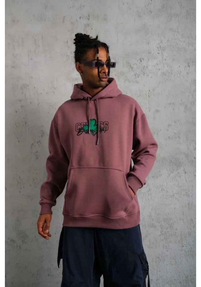 Erkek Baskılı Kapüşonlu ve Kordon İpli Sweat - Gül Kurusu