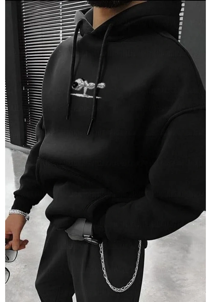 Erkek Baskılı Kapüşonlu ve Kordon İpli Sweat - Siyah