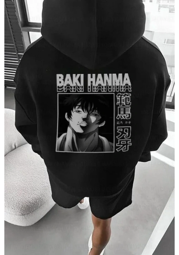 Erkek 3 İplik Pamuklu Kapüşonlu Baskılı Cepli Oversize Sweatshirt Hoodie - Siyah