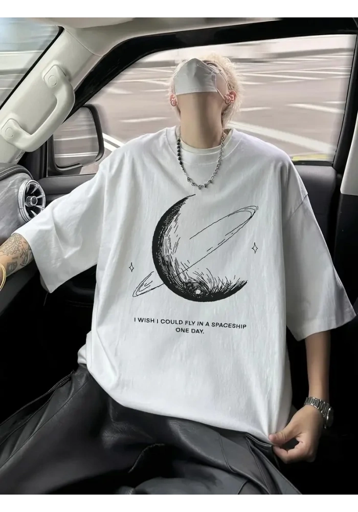 Erkek Baskılı Tişört Kısa Kol Bisiklet Yaka Oversize T-Shirt - Beyaz