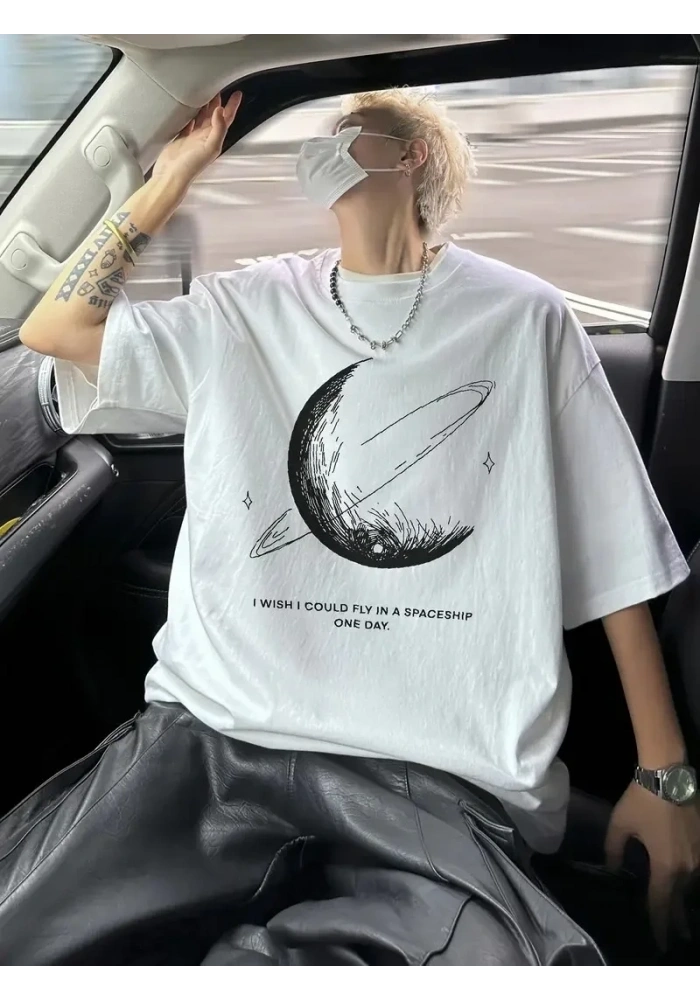 Erkek Baskılı Tişört Kısa Kol Bisiklet Yaka Oversize T-Shirt - Beyaz