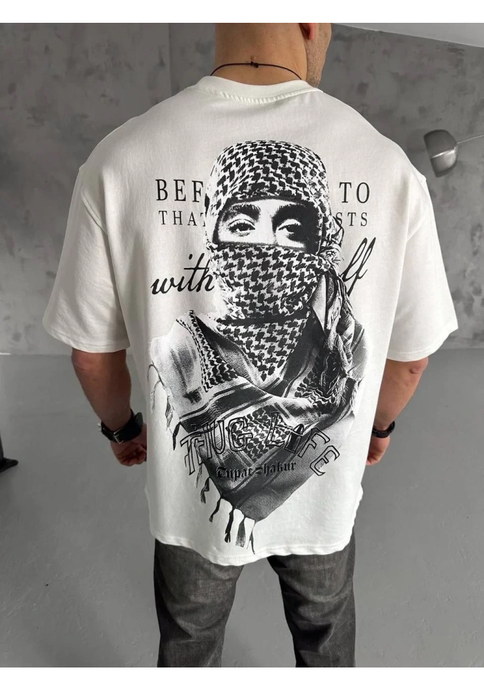 Erkek Kısa Kol Tişört Bisiklet Yaka Filistin Poşulu Baskılı T-Shirt - Beyaz