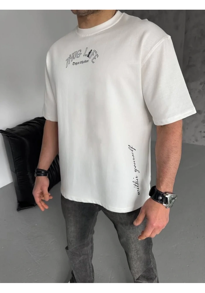 Erkek Kısa Kol Tişört Bisiklet Yaka Filistin Poşulu Baskılı T-Shirt - Beyaz