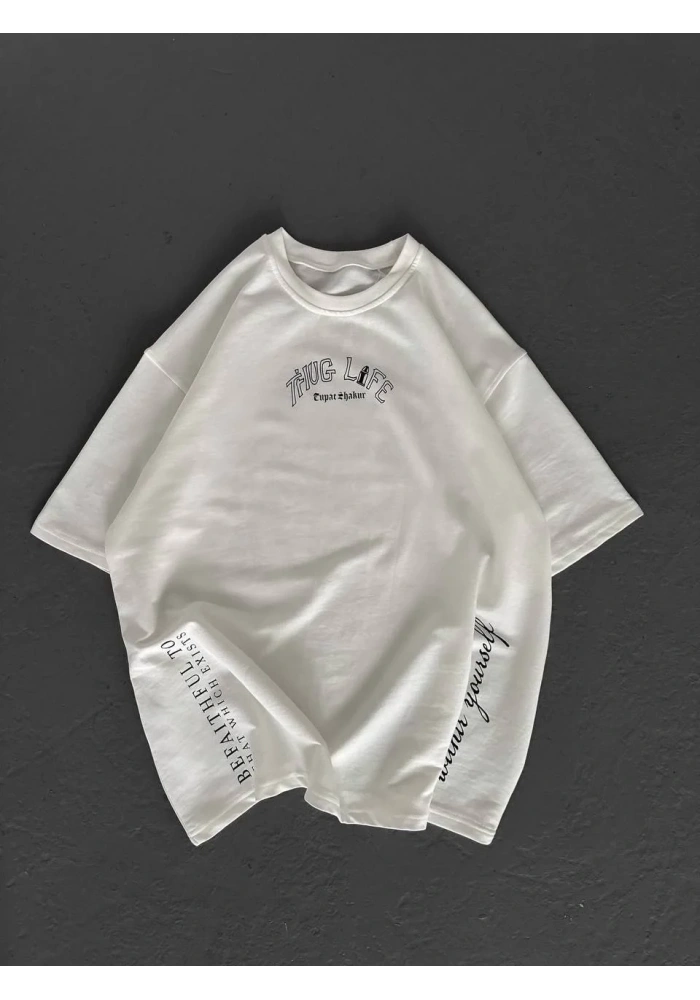 Erkek Kısa Kol Tişört Bisiklet Yaka Filistin Poşulu Baskılı T-Shirt - Beyaz