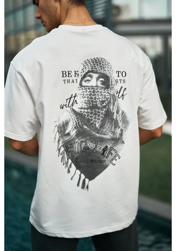 Erkek Kısa Kol Tişört Bisiklet Yaka Filistin Poşulu Baskılı T-Shirt - Beyaz