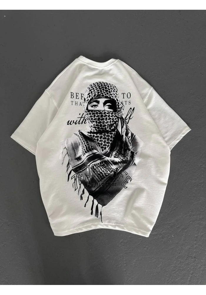 Erkek Kısa Kol Tişört Bisiklet Yaka Filistin Poşulu Baskılı T-Shirt - Beyaz