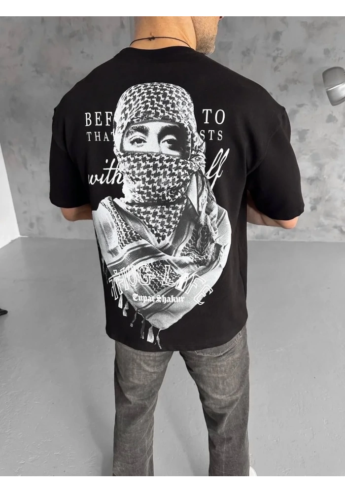 Erkek Kısa Kol Tişört Bisiklet Yaka Filistin Poşulu Baskılı T-Shirt - Siyah