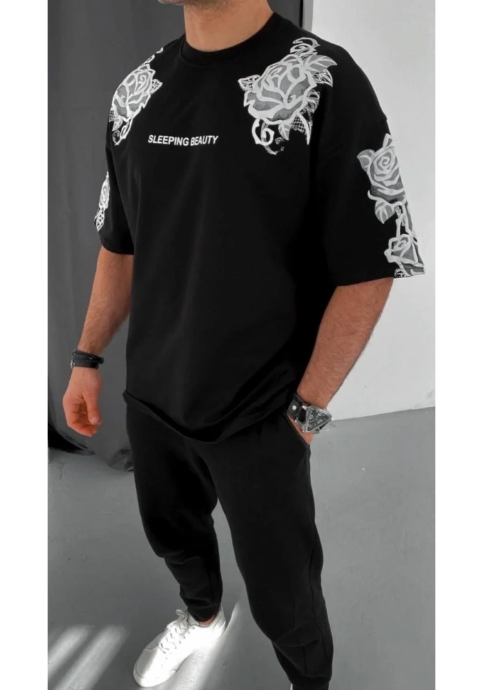 Erkek Kısa Kol Yazlık Tişört Bisiklet Yaka Baskılı Oversize T-Shirt - Siyah