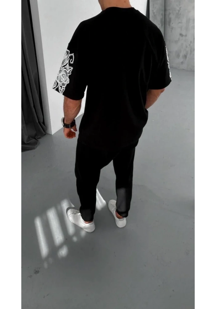 Erkek Kısa Kol Yazlık Tişört Bisiklet Yaka Baskılı Oversize T-Shirt - Siyah