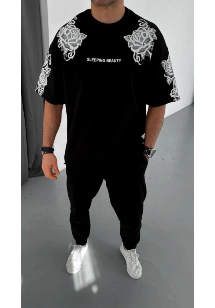 Erkek Kısa Kol Yazlık Tişört Bisiklet Yaka Baskılı Oversize T-Shirt - Siyah