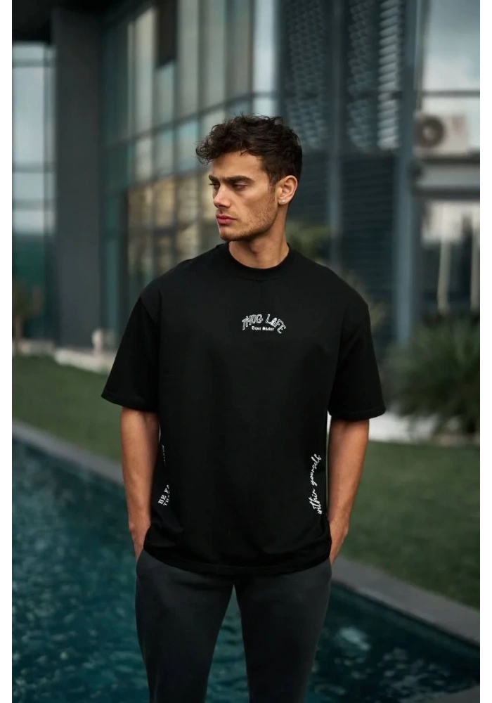 Erkek Kısa Kol Tişört Bisiklet Yaka Filistin Poşulu Baskılı T-Shirt - Siyah