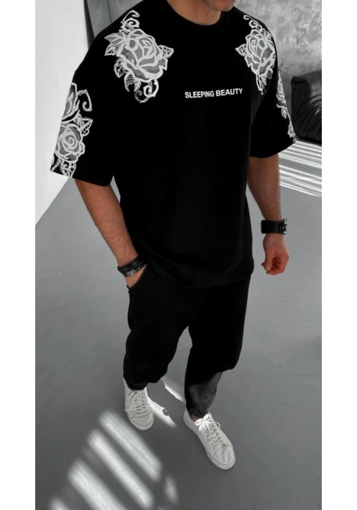 Erkek Kısa Kol Yazlık Tişört Bisiklet Yaka Baskılı Oversize T-Shirt - Siyah