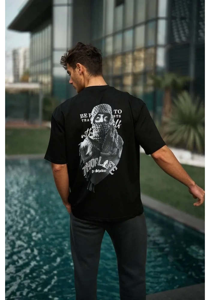 Erkek Kısa Kol Tişört Bisiklet Yaka Filistin Poşulu Baskılı T-Shirt - Siyah