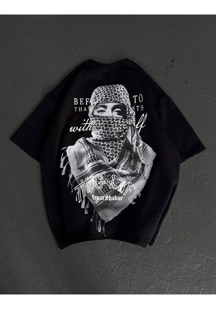 Erkek Kısa Kol Tişört Bisiklet Yaka Filistin Poşulu Baskılı T-Shirt - Siyah