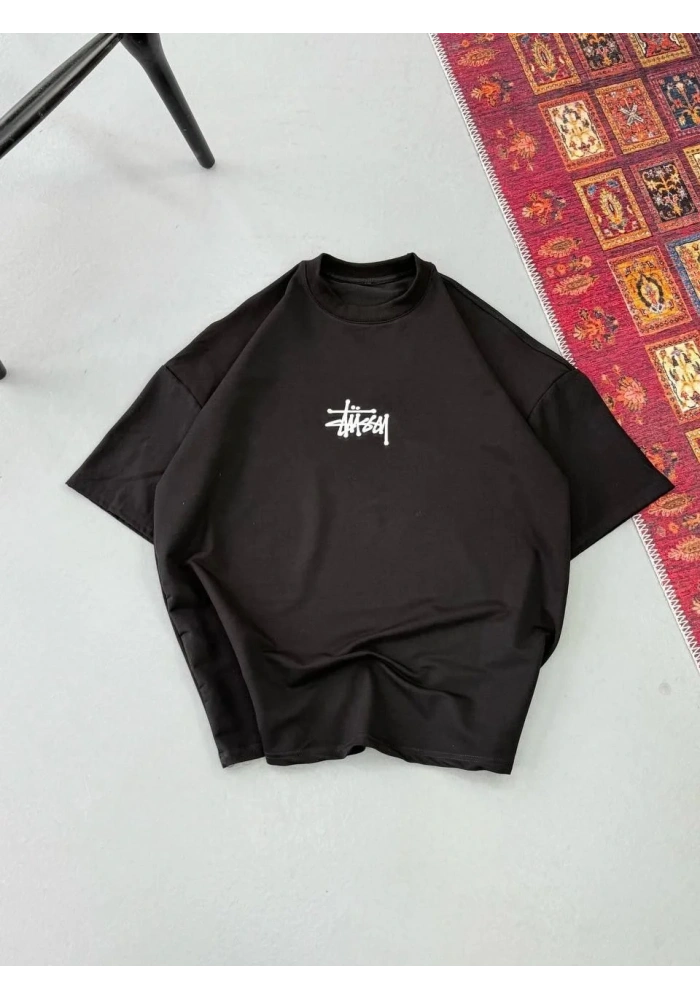 Erkek Kısa Kol Yazlık Tişört Bisiklet Yaka Baskılı Oversize T-Shirt - Siyah