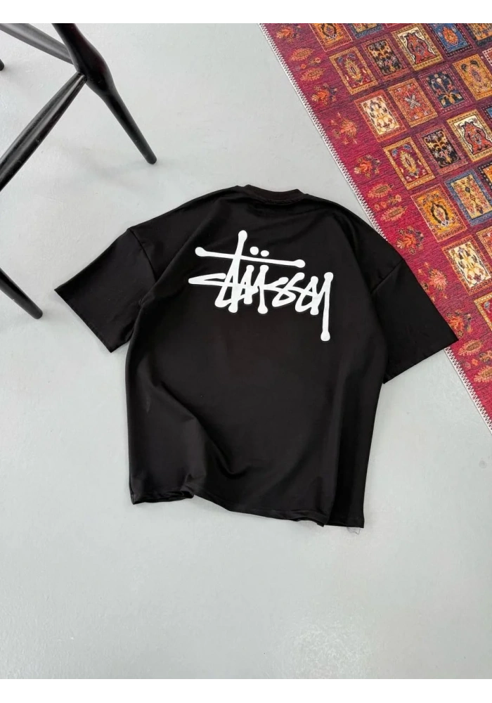 Erkek Kısa Kol Yazlık Tişört Bisiklet Yaka Baskılı Oversize T-Shirt - Siyah