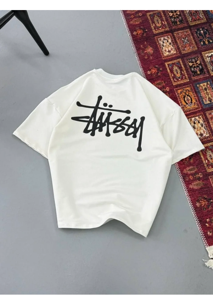 Erkek Kısa Kol Yazlık Tişört Bisiklet Yaka Baskılı Oversize T-Shirt - Beyaz