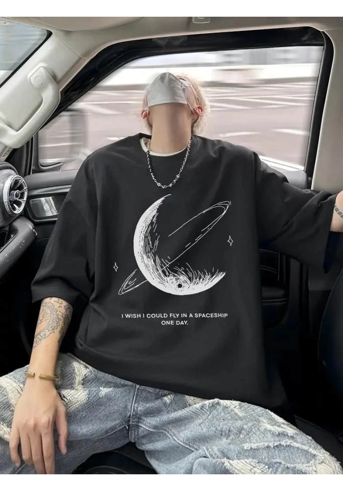 Erkek Baskılı Tişört Kısa Kol Bisiklet Yaka Oversize T-Shirt - - Siyah