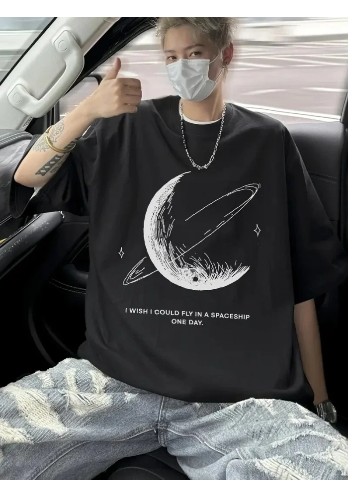 Erkek Baskılı Tişört Kısa Kol Bisiklet Yaka Oversize T-Shirt - - Siyah